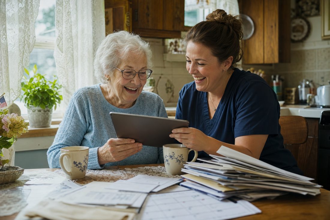 An older woman and a younger helper laughing together over coffee and a tablet at a kitchen table