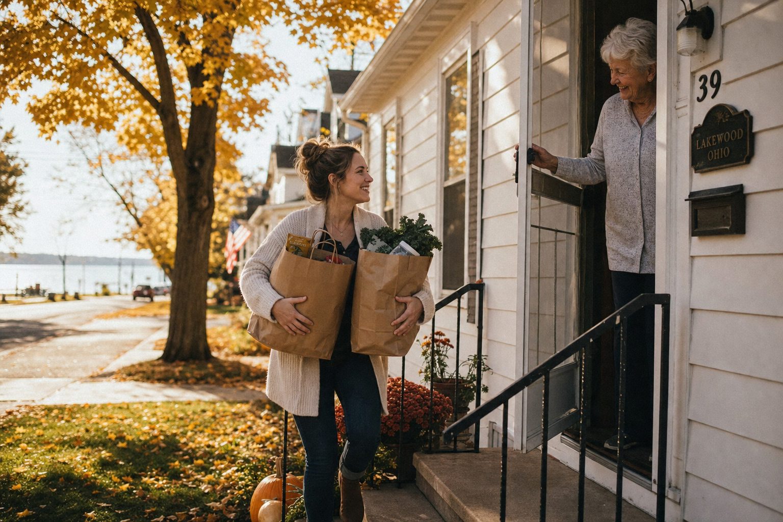 A Home Town Helpers helper carrying groceries up the front steps as a smiling older woman holds the screen door open