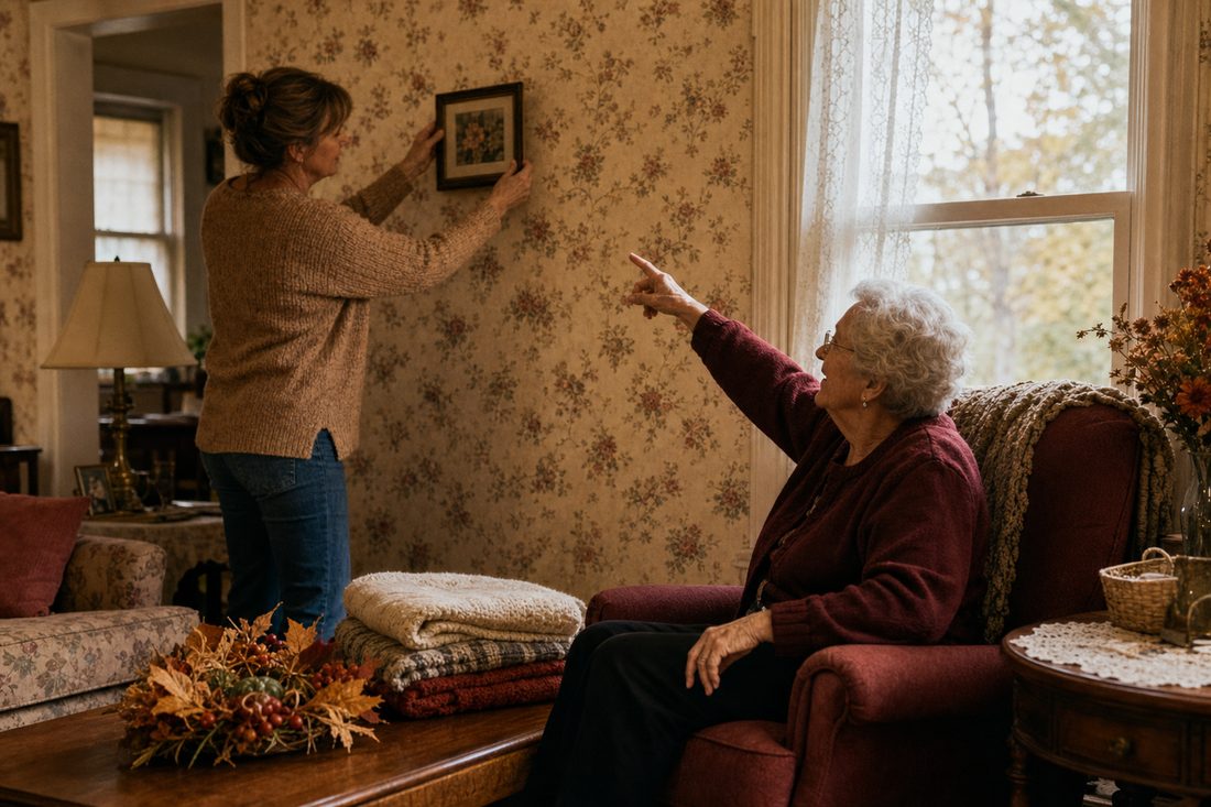 A helper hanging a framed picture on the wall while an older woman sitting in her armchair points to show where she wants it