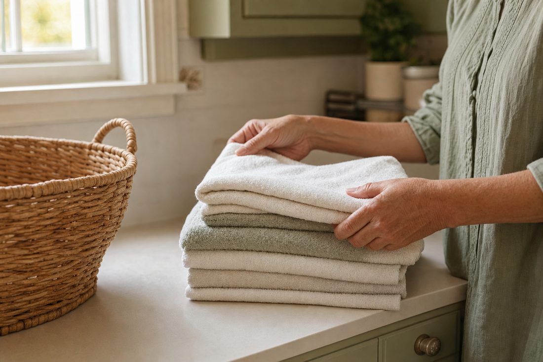 Hands folding a stack of clean towels beside a wicker basket in a bright laundry room