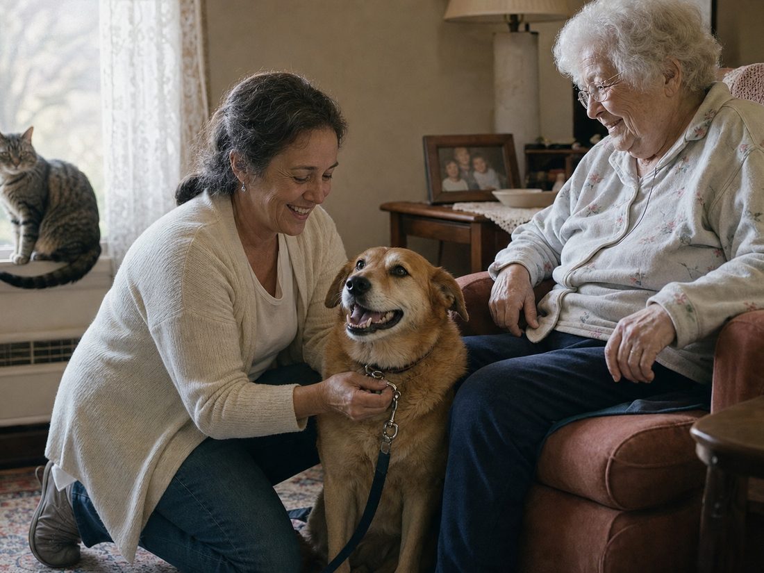 A helper kneeling on the living room rug clipping a leash onto a happy older dog while a smiling elderly woman watches from her armchair and a cat sits on the windowsill