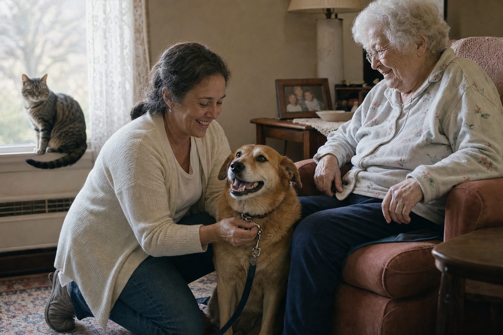 A helper clipping a leash onto a happy older dog while a smiling elderly woman watches from her armchair