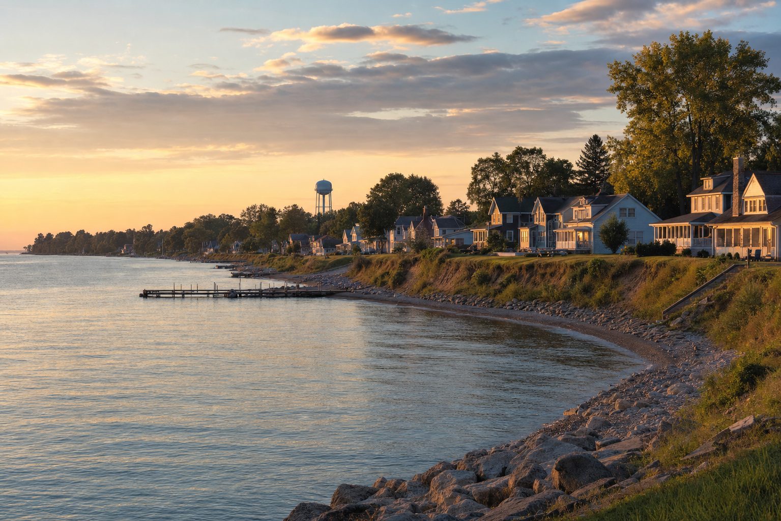 Golden-hour view of a small Lake Erie shoreline town in northern Ohio
